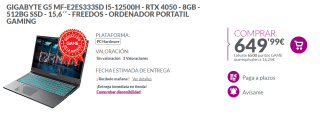 Portátil Gigabyte G5 MF-E2ES333SD con i5-12500H - RTX 4050 - 8GB - 512BG SSD + 16€ regalo por 649,99€