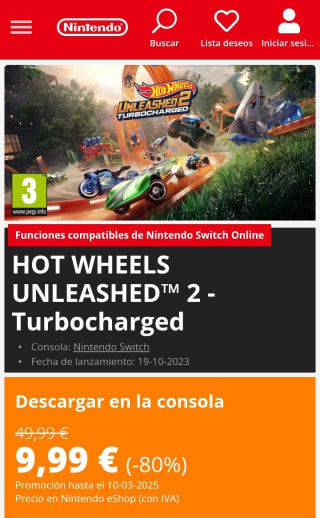 Hot Wheels Unleashed 2 Turbocharged Nintendo Switch por 9,99€.