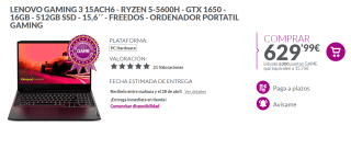Ordenador Portátil gaming - Lenovo IdeaPad Gaming 3 15ACH6, 15.6" Full HD, AMD Ryzen 7 5800H, 16GB RAM, 512GB SSD, GeForce RTX™ 3050, FreeDos por 629.99€