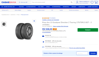 Pneu da Goodyear de Aro 13, modelo Direction 2 Touring com 2 unidades - R$ 538