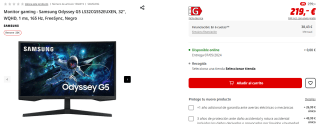 Monitor gaming Samsung Odyssey G5 LS32CG552EUXEN, 32", WQHD, 1 ms, 165 Hz por 209€