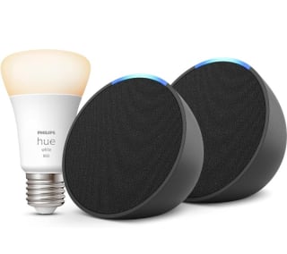 Echo Pop Antracita, 2pack + Philips Hue White Bombilla Inteligente (E27) por 44,98€.