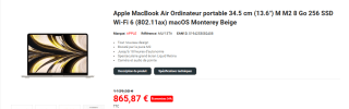 MacBook air M2 13,6" 8/256GB beige à 865,87€