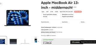 Apple MacBook Air (2024) 13.6 - M3 - 24 GB - 512 GB - Middernacht voor €1.085 bij Amac
