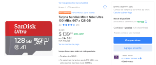 Micro SD SanDisk 128 GB Ultra por $140 en Mercado Libre