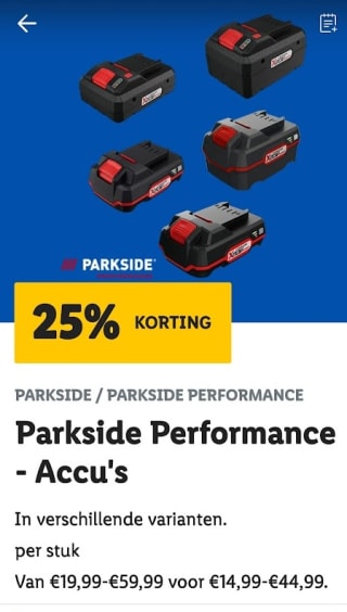 25% korting op Parkside Performance accu's en apparaten in de Lidl webshop