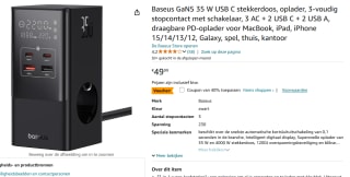 Baseus GaN5 35 W USB C stekkerdoos, oplader voor €29,99 bij Amazon