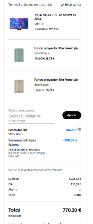 TV QLED 75" Samsung TQ75Q77DAT, 4K UHD Smart TV por 770,30€