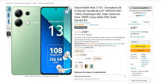 Xiaomi Redmi Note 13 4 8GB 256GB 6,67" AMOLED FHD+ 120Hz por 219,95€