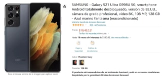 Galaxy S21 Ultra 128GB Reacondicionado a $10,452 en Amazon