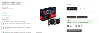 Tarjeta Gráfica MSI AMD Radeon RX 6650 XT GAMING X 8GB GDDR6 por 245€