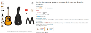 Pack Guitarra acústica Fender con funda y puas por 105,50€