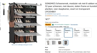 SONGMICS Schoenenrek met 8 vakken voor €31,91 bij Amazon