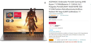 ACEMAGIC Ordenador Portátil Gaming AMD Ryzen 7 5700U (Batería i7-1265U),16,1 Pulgadas Portátil,RAM 16GB NVME SSD 512GB,Tastiera Retroilluminata,Gráficos Radeon RX Vega 8,WiFi 6, Win11) por 449.99€