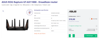 ASUS Rapture GT-AX11000 - Gaming Router - AiMesh - WiFi 6 - AX - voor €319 bij Azerty