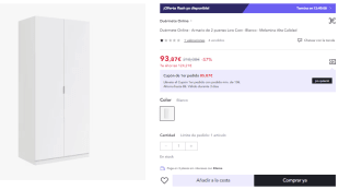 Armario de 2 puertas de 82X180 cm por 93.87€ (Cuenta Nueva 81.87€)