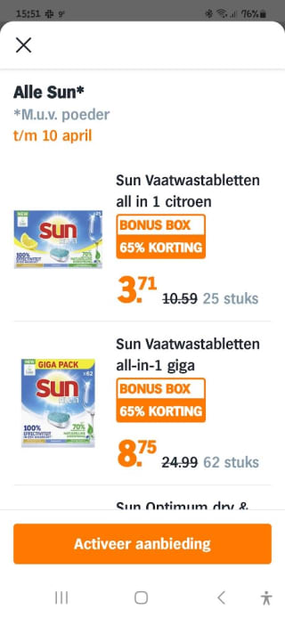 65% korting op alle Sun vaatwastabletten bij de AH
