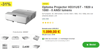 Optoma HD31UST DLP Beamer voor €1.099 bij Proshop