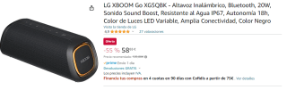 Altavoz inalámbrico LG XG5QBK, 20W, Bluetooth, Batería de hasta 18h por 58.65€
