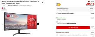 Monitor LG UltraWide 34WR50QK, 34" WQHD, 100 Hz, 5 ms, VA Curvo por 224€