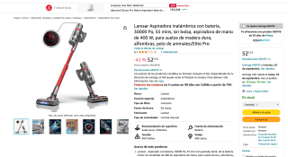 Aspiradora inalámbrica con batería 30000 Pa 55 mins por solo 52,72€