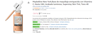 2 Unidades de Maybelline New York,Base de maquillaje enriquecida con Vitamina C, Hasta 24H, Acabado luminoso, Superstay Skin Tint, Tono 48 por 14.68€