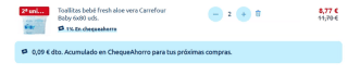 960 Toallitas bebé fresh aloe vera Carrefour Baby 2x 6x80 Unidades por 8,77€