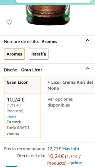 Gran Licor tradicional de Cataluña Aromes del Montserrat 1 botella de 70cl por 10,24€.