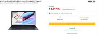 ASUS Zenbook Pro 17 UM6702RA-M2014W voor €1.149 bij Alternate