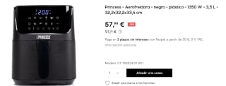 Freidora de aire - Princess 182024, 3.5 l, Hasta 5 raciones, 1350 W, 3.5l, 80-200 °C por 57.99€