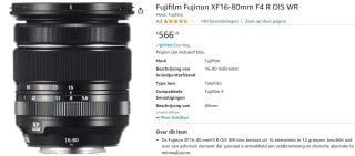 Fujifilm Fujinon XF16-80mm F4 R OIS WR voor €566,19 bij Amazon