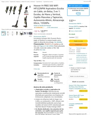 Hoover H-FREE 500 WIFI HF522NPW Aspiradora Escoba sin Cable por 137,98€