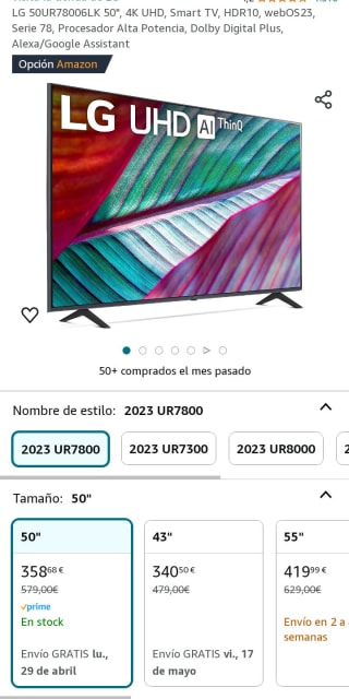 Smart TV Marca LG 50UR78006LK 50", 4K UHD por 358,68€