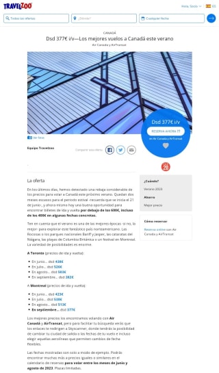 Vuelos a Canadá este verano desde 377€ ida/vuelta.