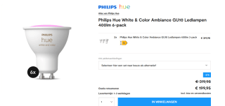 Philips Hue Slimme Lichtbron GU10 Spot - wit en gekleurd licht - 6-pack voor €199,95 bij Tink