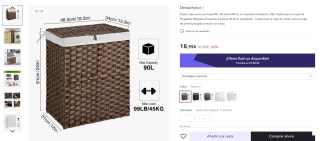 Cesto ropa sucio con tapa 90L 46.5x61x34cm, dos bolsas de forro de regalo por 14,21