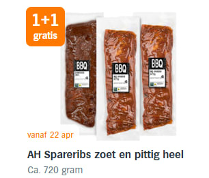 1+1 gratis op AH Spareribs zoet en pittig heel