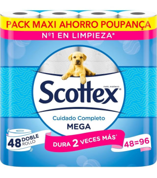 Scottex Megarollo Papel Higiénico 48 rollos por 24,29€.
