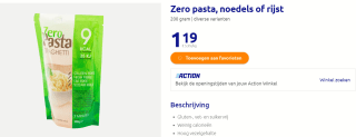 Zero pasta, noedels of rijst 200 gram voor €1,19 bij de Action