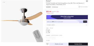 Ventilador de Techo con Mando a Distancia y Luz EnergySilence Aero 480. 65 W, 106 cm de Diámetro, 3 Aspas Reversibles, 3 Velocidades, Acabado en Madera Nogal/Haya por 48.74€