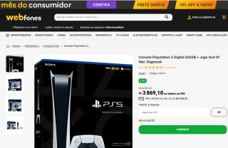 Console da Sony, modelo PS5 de 825GB + Jogo God Of War Ragnarok - R$ 3.869,10