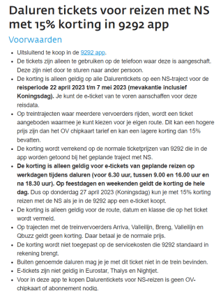 15% korting op NS reizen tijdens daluren en weekenden via 9292.nl