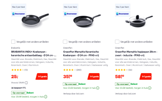 1+1 gratis op pannen van bv BK, Tefal, Brabantia, KitchenAid, GreenPan, GreenChef en meer bij Bol.com