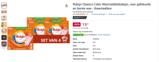 Robijn Classics Color Wasmiddeldoekjes 4x16 voor €13,59 bij Amazon NL