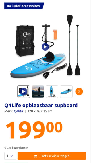 Q4Life opblaasbaar supboard + accessoires voor 199 euro