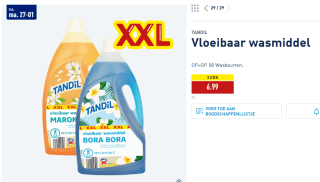 3 Liter Tandil vloeibaar wasmiddel 80 wasbeurten voor €6,99 bij de Aldi