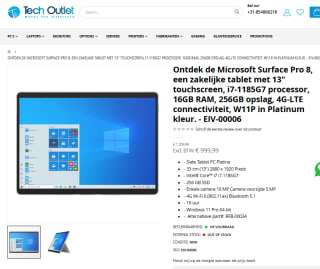 Microsoft Surface Pro 8, een zakelijke tablet met 13" touchscreen, i7-1185G7 processor, 16GB RAM, 256GB opslag, 4G-LTE connectiviteit, W11P in Platinum kleur