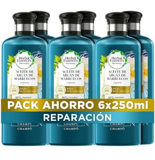 Herbal Essences Champú Reparador Con Aceite De Argán, Para Pelo Seco Y Dañado, 6x250ml por 11,69€.