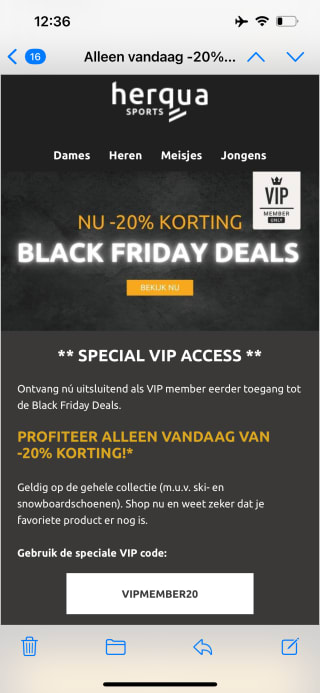 Vip sale uitgelekt bij Herqua Sports: 20% korting op alles