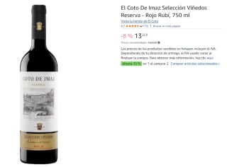 2 Botellas de El Coto De Imaz Selección Viñedos Reserva - Rojo Rubí, 750 ml por 16.73€